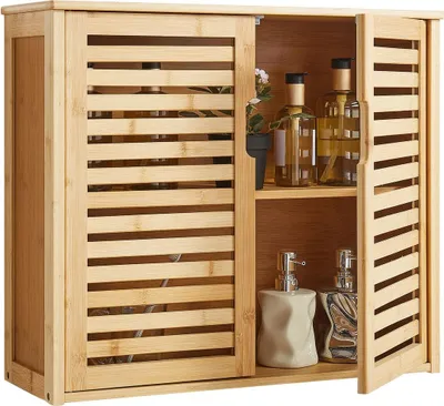 Produktbild von Badezimmer-Wandschrank, 2 Türen und verstellbares Regal mit 3 Höhenstufen, Wandmontierter Medikamentenschrank über der Toilette, Hängender Organizer mit Regalen für Waschküche, Küche und Toilette