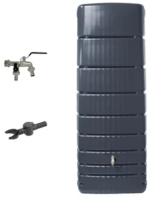 Produktbild von 4rain SLIM Regentonne Wandtank Komplett-Set 650 Liter, graphite grey inkl. Chrom-Doppelauslaufhahn und Fallrohranschluss