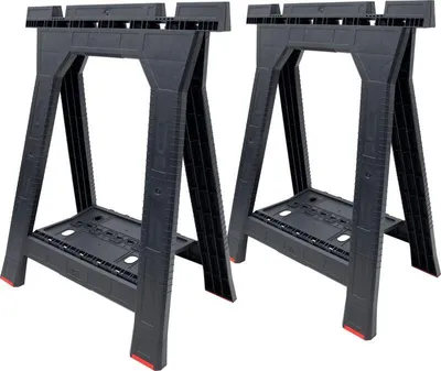 Two black plastic sawhorses are shown against a white background.