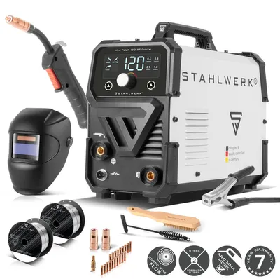 Zdjęcie produktu dla Spawarka STAHLWERK Mini FLUX 120 ST Digital - w pełni wyposażona - spawanie drutem proszkowym bez gazu osłonowego do 120 A, funkcja Lift-TIG i MMA