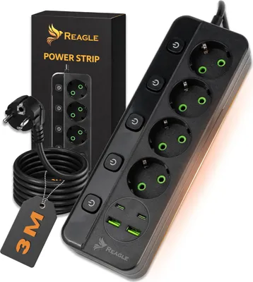 Produktbild von REAGLE Steckdosenleiste 3 m mit Überspannungsschutz, 4 Steckdosen, 2x USB, 2x USB-C, Mehrfachstecker mit Verlängerungskabel für Büro und Zuhause