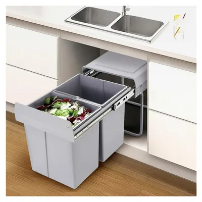 Produktbild von Ausziehbarer Mülleimer für die Küche, 20L Abfallsammler für den Einbau im Unterschrank mit 2 Fächern, 49 * 35 * 43 cm, geeignet für Haushalte, Restaurants, Büros, Bäder und Küchen, Grau