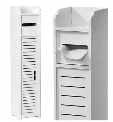 A white bathroom cabinet with a paper dispenser.
