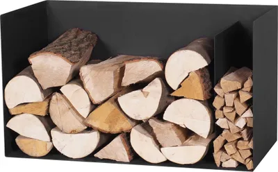 A black metal firewood rack filled with various sizes of cut logs.