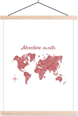 Produktbild von MuchoWow® Textilposter Weltkarte - Zitate - Rot 120x160 cm mit holzfarbenen Rahmen - Plakatkarton
