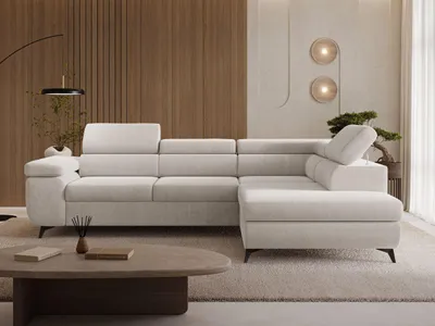 Produktbild von GrainGold Ecksofa L-Form Rechts Argon - Ecksofa mit Schlaffunktion und Bettkasten - Moderne Ecksofa, Wohnzimmer Ecksofa - Eckcouch Creme (Castel 03)