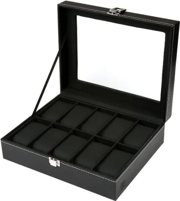 Produktbild von H&S. Uhrenbox für Damen & Herren - Uhrenhalter mit Glasdeckel & Samtauskleidung - Uhrenkasten in Schwarz aus Kunstleder - Uhrenaufbewahrung mit Platz