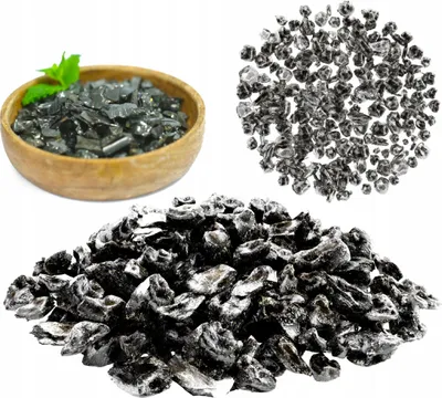 A collage of shungite stones in different forms and quantities, including a wooden bowl, a pile of small crystals, and a larger pile of processed stones.