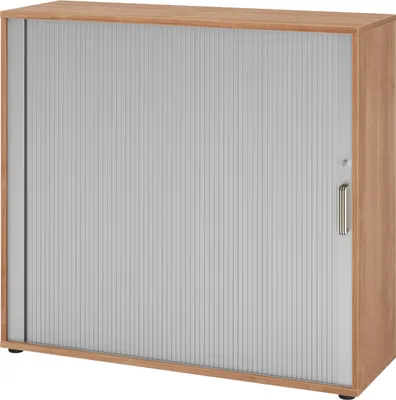 Produktbild von bümö Rollladenschrank office - 3 Ordnerhöhen - Griff: Streifengriff (Kunststoff), Nachbildung: Nussbaum/Silber