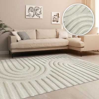 A living room scene with a sofa and a rug.