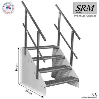 Zdjęcie produktu dla 4-stopniowe schody wolnostojące model 1 wolnostojące białe schody stalowe szerokość 120 cm wysokość 84 cm z poręczą po obu stronach