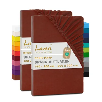 Produktbild von Lavea® 2er Pack Jersey Spannbettlaken 180/200x200 cm, 100% Baumwolle – Weiches Bettlaken für Matratzen bis 20 cm Höhe – Kastanie