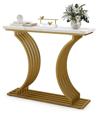 Produktbild von Konsolentisch aus Marmor mit goldenem Metallgestell, moderner Flurtisch, geometrischer Beistelltisch für Wohnzimmer und Flur, 100 x 29,5 x 80,5 cm