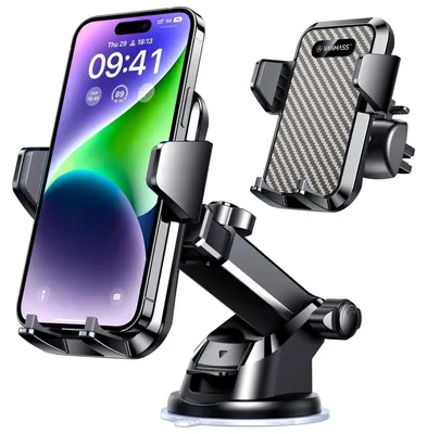 Immagine prodotto di Supporto per telefono da auto 3-in-1, con attacco per bocchetta dell'aria e ventosa, in silicone nero