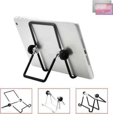 A tablet stand holding a tablet, with smaller images of the stand in different configurations below.
