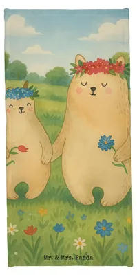 Produktbild von Mr. & Mrs. Panda Strandlaken Bären mit Blumenkranz Design - Grau Pastell - Geschenk, Badhandtuch, Badehandtuch, Mama, Strandtuch, Handtuch, Duschtuch, Familie, Family