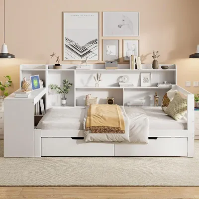 Zdjęcie produktu dla Sofa rozkładane 90x200 cm z litego drewna w kolorze białym, wyposażone w biurko, półki, 2 szuflady, gniazdko elektryczne i port USB do ładowania, idealne do salonu lub sypialni