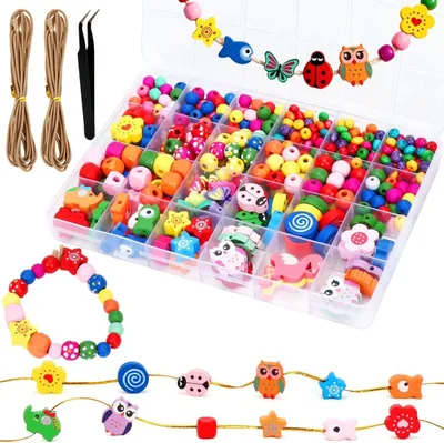 Imagen del producto de Cuentas de madera para ensartar, kit de manualidades para niños a partir de 4 años, cuentas coloridas para pulseras, pulseras de manualidades, para crear tú mismo, set de cuentas