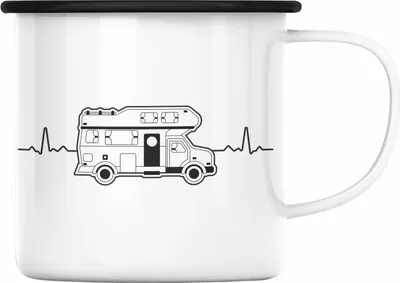 Produktbild von Trendation - Wohnwagen Camper Emaille Tasse Geschenke Wohnmobil für Männer Campingwagen Geschenkidee Zubehör Camping Opa Oma Rentner Herzschlag Lustig (Schwarz)