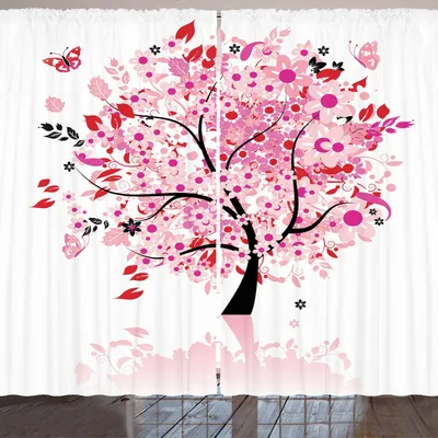 Produktbild von ARANDE Baum Gardine, Abstrakter Baum mit Blumenexplosions-Blüten-Gänseblümchen verlässt Schmetterlings-Wald, 280 x 175 cm, Braun Weiß Rosa