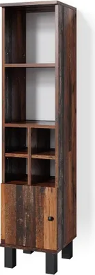 A tall, narrow cabinet with a rustic wood finish and black legs.