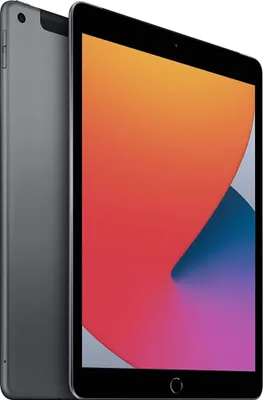 A gray Apple iPad is shown from a slight angle, with its screen displaying a colorful abstract wallpaper.