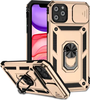 Image de Étui pour iPhone 11 Pro étui double couche avec couvercle coulissant pour appareil photo et anneau de support Or