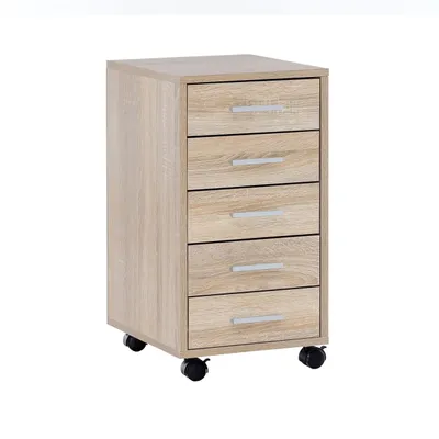 Produktbild von Rollcontainer Sonoma 33 x 63 x 38 cm Holz Schubladenschrank Schreibtisch, Büro Schrank mit 5 Schubladen, Container Rollschrank klein Standcontainer schmal, Schreibtischcontainer mit Rollen