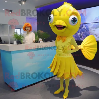 Produktbild von Zitronengelber REDBROKOLY Betta-Fisch Maskottchen kostüm mit Minirock und Manschettenknöpfen