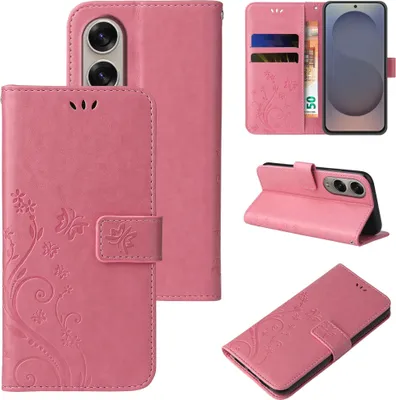 Produktbild von Handyhülle für Samsung Galaxy S25 Edge Floral Blumen Schmetterling Flip Cover Hülle Case Klapphülle Handytasche Farbe: Rosegold