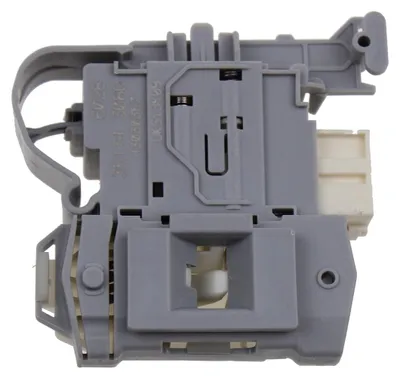 A close-up, studio shot of a washing machine door lock mechanism.