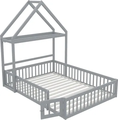 A grey wooden house-shaped bed frame with a slatted base and safety rails.