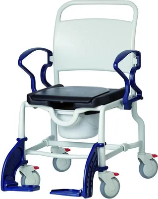 Produktbild von FabaCare Dusch- Toilettenrollstuhl New York, bis 150 kg, Germany, Premium Toilettenstuhl, Duschstuhl fahrbar, Rollstuhl mit WC Eimer, Grau-Blau