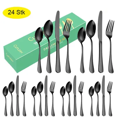 Produktbild von 24 Stück Besteck Set, Schwarz Mattiert Essbesteck Set für 6 Personen, Besteck Edelstahl Spiegelpoliert, Messer Gabel Löffel Set, spülmaschinenfest