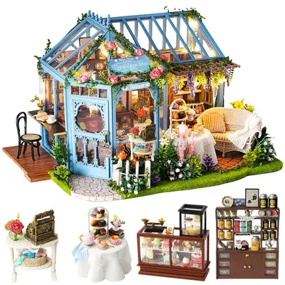 Productafbeelding van Zelfbouw miniatuur houten poppenhuis set met meubels