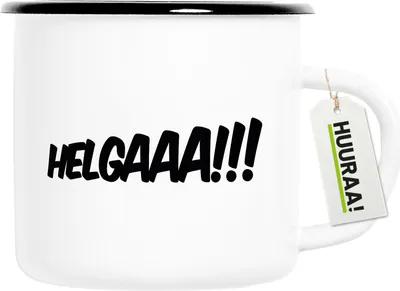 Produktbild von Huuraa Emaille Tasse Helgaaa Schriftzug 300ml Vintage Campingbecher Geschenkidee