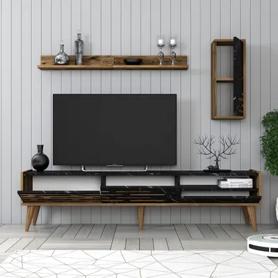 Image de Skye Decor, Valensiya - Noyer, noir, marbre, meuble TV, noyer, panneaux de particules 100 % mélaminés, 180 x 45 x 35 cm