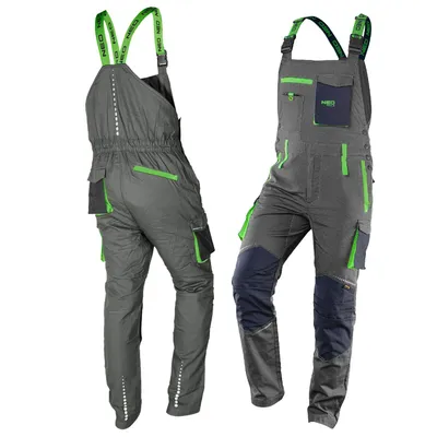 Two pairs of work overalls are displayed side-by-side against a white background.