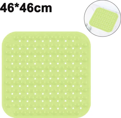 A light green, square bath mat with raised circular bumps and small drainage holes, shown both in a close-up and a small inset image within a bathtub.