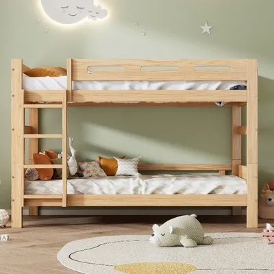 Obrázek produktu pro Dvojitá postel pro děti a mládež, rozměry 90x200 cm, přírodní barva, vyrobená z borovice a MDF, rozdělitelná na dvě samostatné postele, vhodná do dětského pokoje