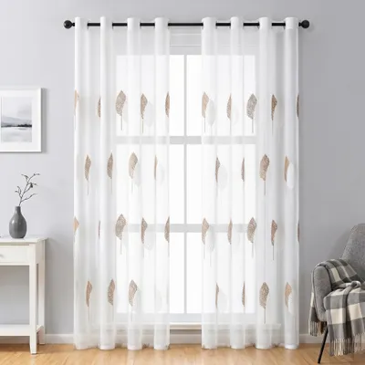 Image de Lot de 2 rideaux à motifs de feuilles, voiles transparents brodés avec œillets, rideaux décoratifs pour salon et chambre à coucher, marron, L140 x H225 cm