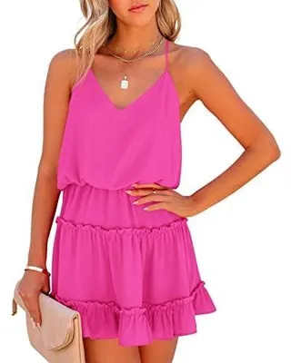 Produktbild von Imily Bela Sommerliches Minikleid für Damen mit V-Ausschnitt, ärmellos, mit Falten und Spaghettiträgern, fließendes Strandkleid für den Urlaub