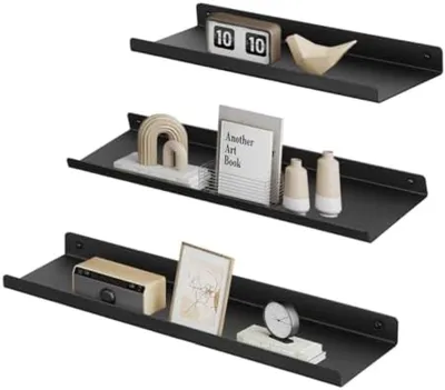 Produktbild von PromoHome® Set von 3 schwebenden Wandregalen, industrielles Design, schwarz, 40x9x2 cm