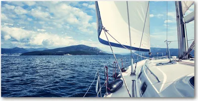 Produktbild von Tulup® Glas-Bild - 100x50 -Wandkunst - Wandbild hinter gehärtetem Sicherheitsglas  - Landschaften - Yacht Meer - Blau