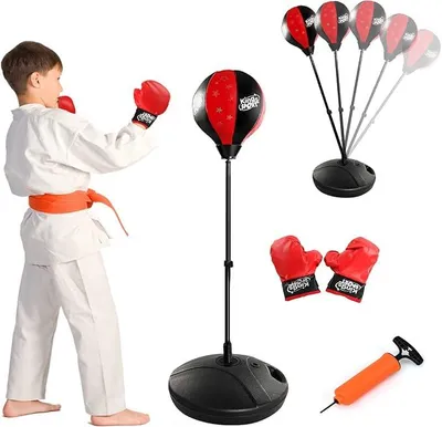 Imagen del producto de Set de boxeo Silecomplaza, que incluye saco de boxeo, guantes de boxeo y bomba de aire. Saco de boxeo de pie con altura ajustable: 81-123 cm. Saco de boxeo de pie con base rellenable. Saco de boxeo para niños a partir de 3 años, color rojo