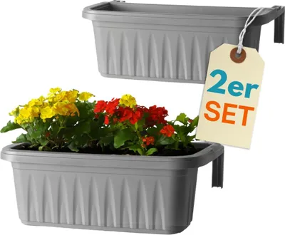 Produktbild von 2er Set Blumenkasten Balkongeländer Balkon Blumenkasten Balkonkasten mit Halterung Balkonkasten Geländerkasten Balkonkasten mit Wasserspeicher 50 cm Grau