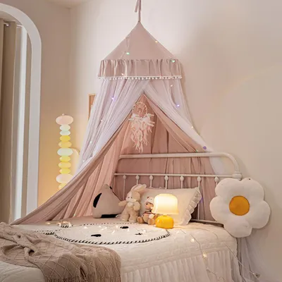 Produktbild von 65x270cm Moskitonetz Bett Kinder Rosa Kinderbett Betthimmel Pompom Doppelstöckiges Moskitonetz Betthimmel