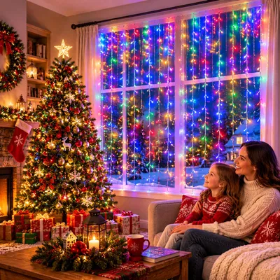 Produktbild von UISEBRT LED Eisregen-Lichtdekoration 10M 400LED, bunt, 8 Lichtmodi, synchron verbindbar, festliche Wand- und Fensterdekoration