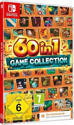 The image shows the front of a Nintendo Switch game case for '60 in 1 Game Collection'. The case is orange and features a collage of small game screenshots. The title is prominently displayed in large, colorful letters. There are also age rating symbols an