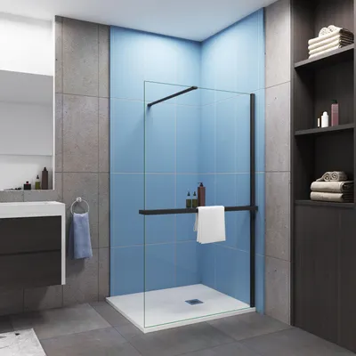 A modern bathroom with a walk-in shower.